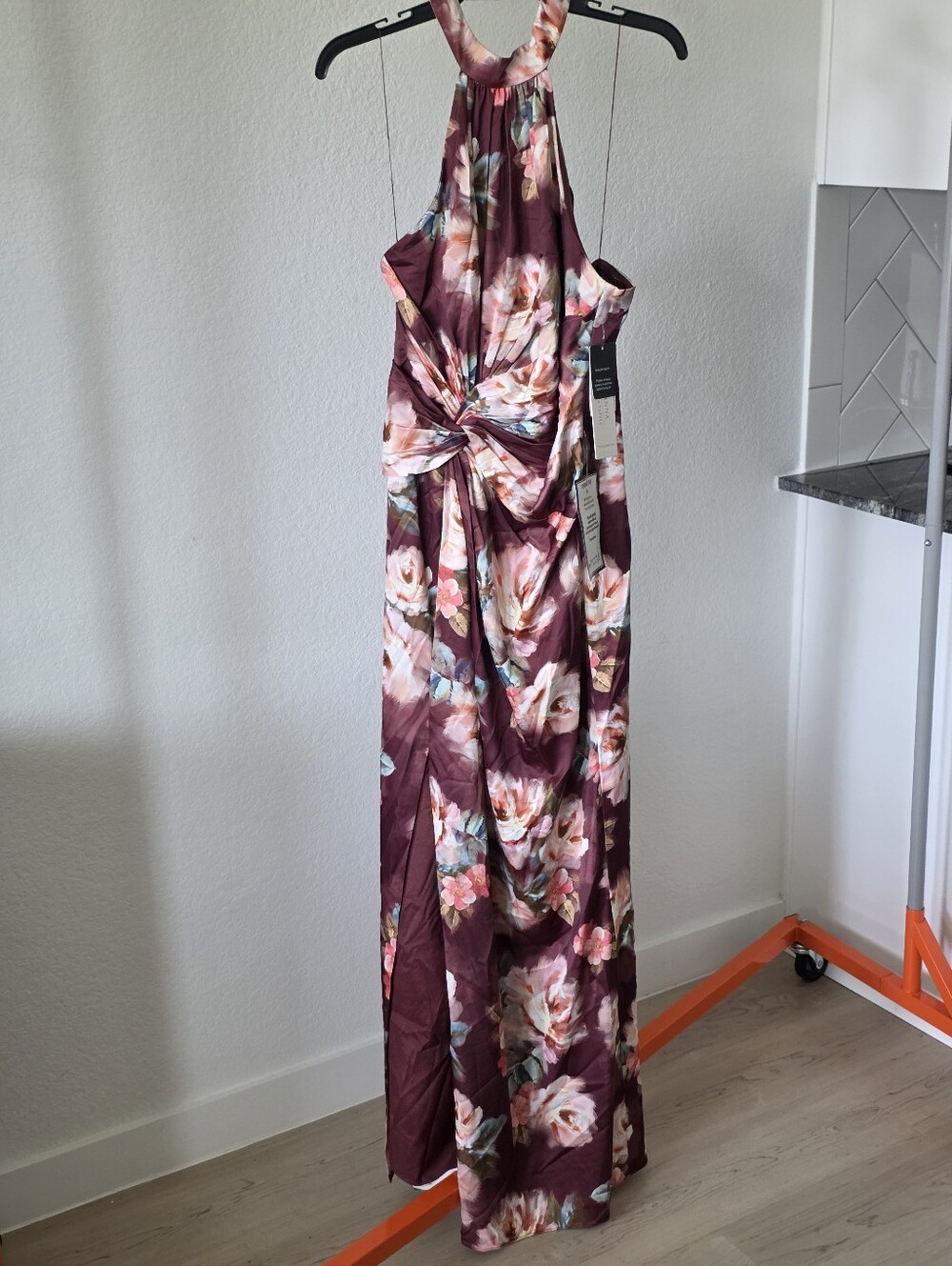 Adrianna Papell Floral Satin Halter Maxi Dress Size 8 NWT Brown Wedding Guest - Picture 3 of 12
